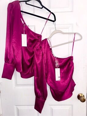 Matching! Lush Fuchsia Satin Cowl Neck Camisole & Blouse Set - Women’s Tops
